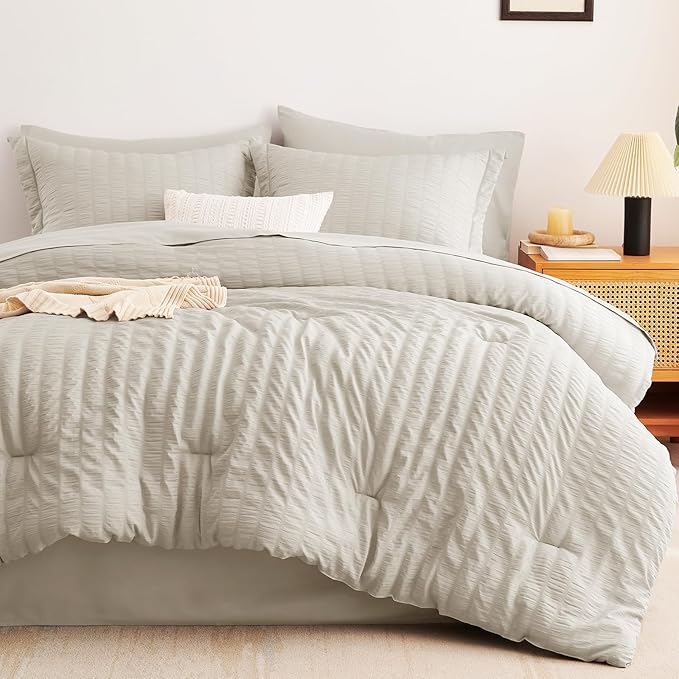 CozyLux Oversized King Comforter Set Beige Seersucker 7 Pieces 120x98 Bed in a Bag Comforter Set with Sheets, Luxury Soft Bedding Sets with Down Alternative Comforter, Sheets, Pillowcases & Shams