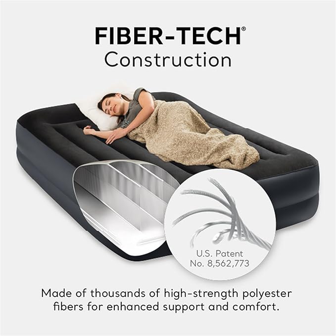 Intex Air Mattress, 64123ED Dura-Beam Plus Pillow Rest Fiber-Tech – Queen Size – Built-in Electric Pump – 16.5in Bed Height – 600lb Weight Capacity