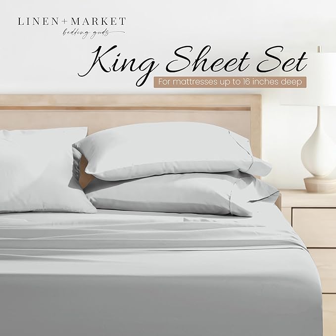 Linen Market Double-Brushed Microfiber King Sheet Set 4 Piece – Oeko-TEX Certified Ultra Soft & Wrinkle-Free - 16" Deep Pocket Sheets - Easy Care King Size - Light Gray