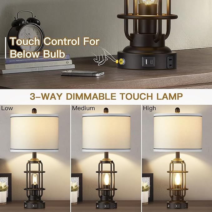 Modern Table Lamps Set of 2, Industrial 3-Way Dimmable Bedside Lamp with USB A+C Ports & AC Outlet, 25" Touch Control Nightstand Lamp LED Night Light for Living Room Bedroom Home(4 Bulbs Included)