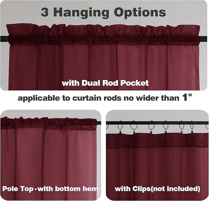 Chyhomenyc Short Sheer Curtains 45 Inches Length 2 Pieces, Light Filtering Soft Voile Curtains Drapes for Half Window/Bedroom/Bathroom/Living Room, Burgundy