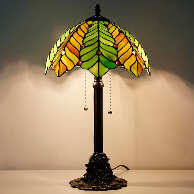Tiffany Stained Glass Table Lamp 12X12X21Inch Resin Base Desk Bedroom Living Room Reading Light (Brown Green Leaf)