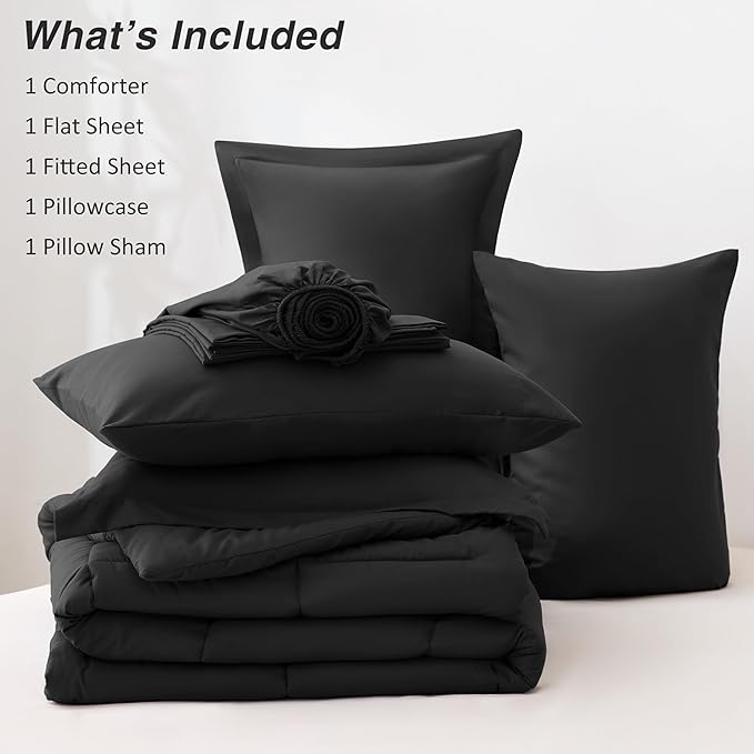 Love's cabin Twin Comforter Set Ash Black, 5 Pieces Twin Bed in a Bag, All Season Bedding Sets with 1 Comforter, 1 Flat Sheet, 1 Fitted Sheet, 1 Pillowcase and 1 Pillow Sham
