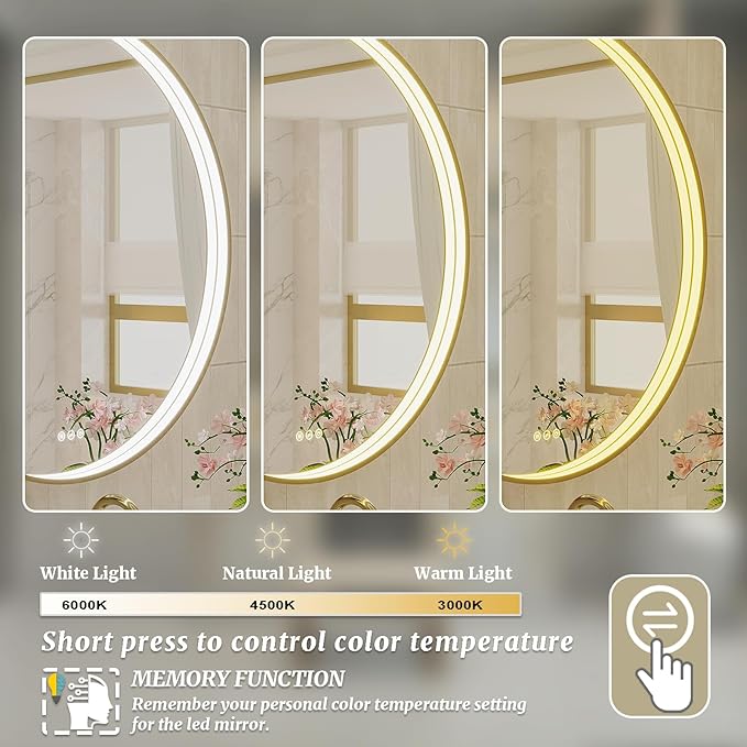 28 Inch Round LED Bathroom Mirror, Gold Metal Framed Lighted Mirror for Bathroom, Wall Mouted LED Vanity Mirror with Lights, 3 Colors and Stepless Dimmable, Anti-Fog, Memory