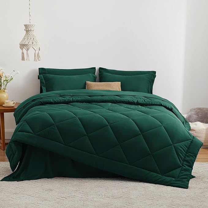 Love's cabin King Size Comforter Set Dark Green, 7 Pieces King Bed in a Bag, All Season Bedding Sets with 1 Comforter, 1 Flat Sheet, 1 Fitted Sheet, 2 Pillowcase and 2 Pillow Sham