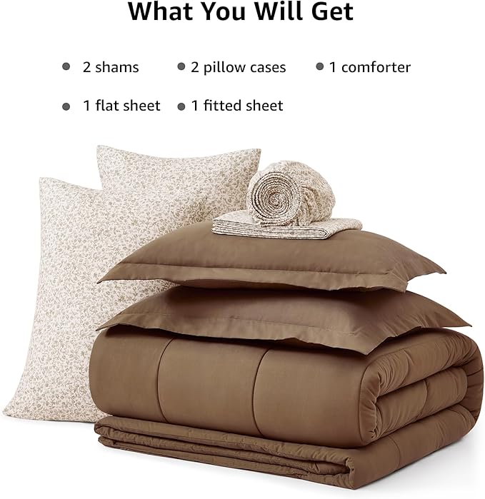 Monbix Full Comforter Set - 7 Pieces Brown Bed in a Bag Full Size Track Stitching Bedding Sets, All Seasons Down Alternative Comforter with Sheets,Pillowcases & Shams