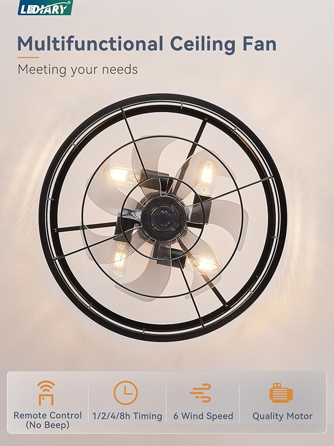 LEDIARY 20 inch Fandelier Caged Ceiling Fan with Light, Bladeless Ceiling Fan with Remote, Farmhouse Fan Lights Ceiling Fixtures for Kitchen, Bedroom, Outdoor(6 Speed, Timing)-Black