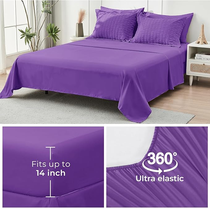 HYMOKEGE Dark Purple Queen Comforter Set Seersucker 7 Pieces, All Season Luxury Bed in a Bag Queen for Bedroom, Bedding Set with Comforter, Sheets, Pillowcases & Shams