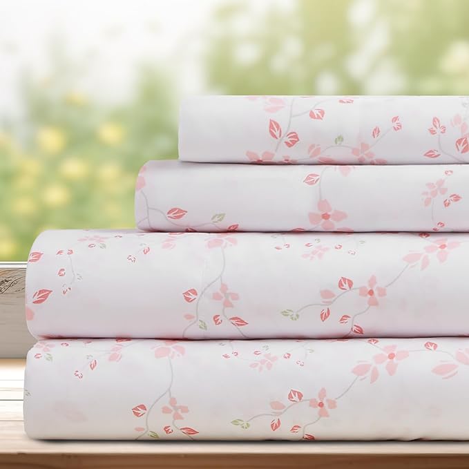 DREAMCARE Queen Size Sheets - Cooling Bed Sheets - 4pcs Set - Queen Sheet Set - Sheets Queen Size Bed - Queen Size Sheet Sets - Soft & Long Lasting 100% Fine Brushed Floral Sheets - Floral Blue