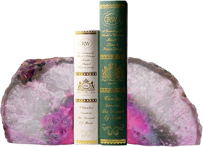 AMOYSTONE Large Pink Agate Decorative Bookends Dyed Polished 1 Pair 6-8 Lbs Natural Heavy Duty Crystal Book Stopper