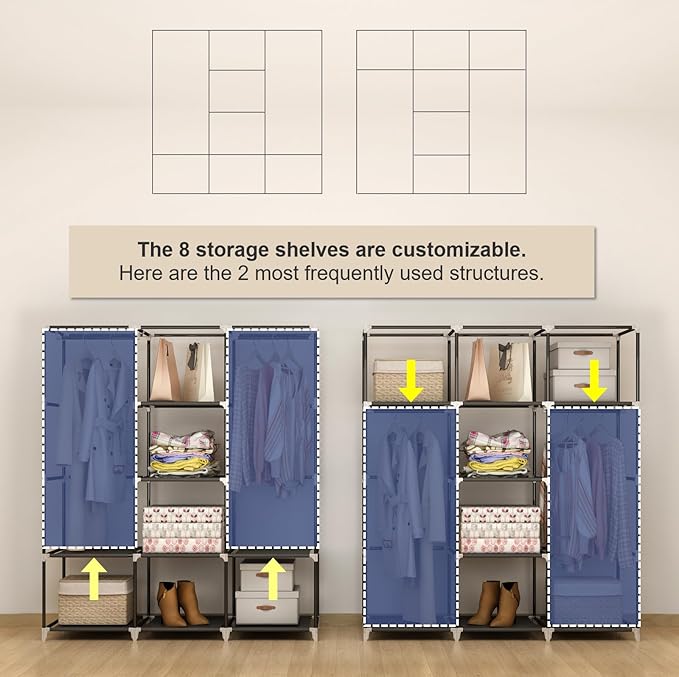 Portable Closet Wardrobe, 51-Inch Clothes Organizer with 2 Hanging Rods and 8 Shelves, Non-Woven Fabric Cover, Medium Capacity Storage for Bedroom and Living Room, Black