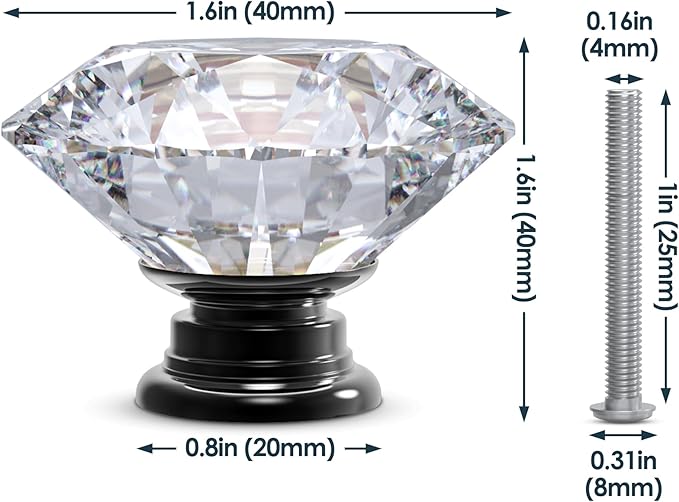 12-Pack Crystal Glass Cabinet Knobs for Home Decor, Vanity Drawers, Desks, Wardrobe Doors, Standard Screws Easy Installation for Home Refurbishment and Redecoration (Clear Crystal, 40mm, Black Base)
