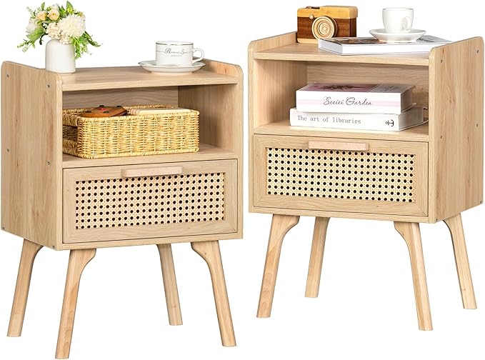 Lerliuo Rattan Nightstands Set of 2, Boho Side Table with Drawer Open Shelf, Cane Accent Bedside End Table with Solid Wood Legs for Bedroom, Dorm and Small Spaces (Natural)
