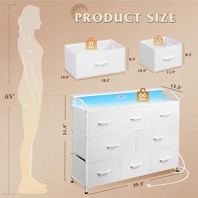 WLIVE Led Dresser for Bedroom, White Dresser TV Stand for Bedroom with LED Lights and Power Outlet, Wide Chest of Drawers for Hallway, 8 Fabric Drawers for Living Room and Entryway, Easy to Assemble