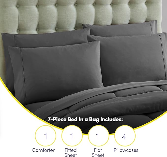 Queen Comforter Set with Sheets - 7-Piece Bedding Collection - 1 Comforter, 1 Fitted Sheet, 1 Flat, 4 Pillowcases - Deep Pocket - Soft & Breathable Premium Quality - Ideal for All Seasons, Gray