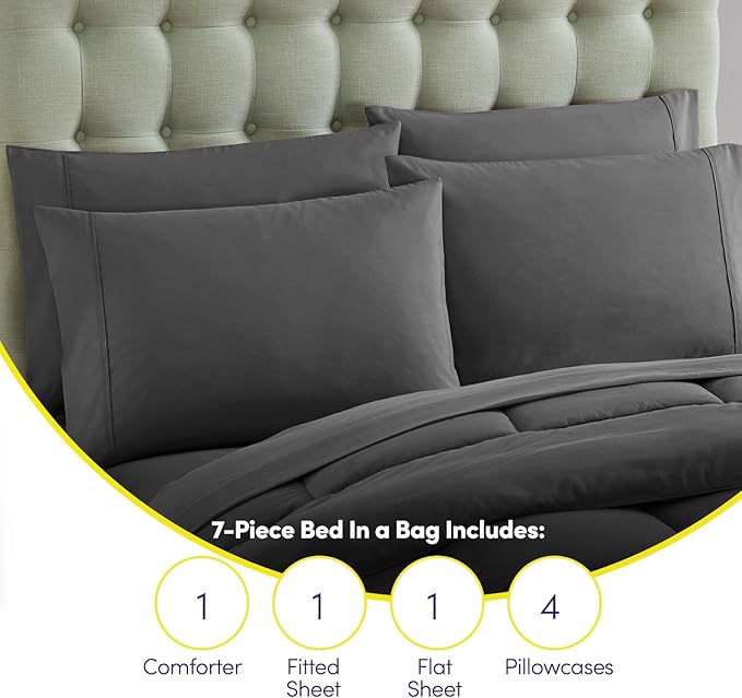 King Size Comforter Set with Sheets - 7-Piece Bedding Collection - 1 Comforter, 1 Fitted Sheet, 1 Flat, 4 Pillowcases - Deep Pocket - Soft & Breathable Premium Quality - Ideal for All Seasons, Gray