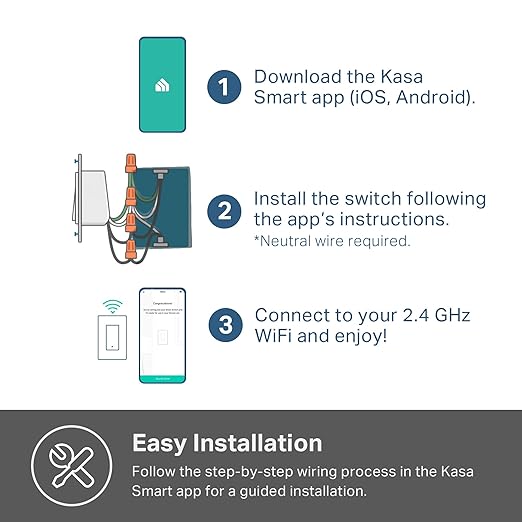 Kasa Smart Light Switch HS200-BL, Single Pole,Neutral Wire Required, 2.4GHz Wi-Fi Light Switch Compatible with Alexa and Google Home, UL Certified, No Hub Required, Black