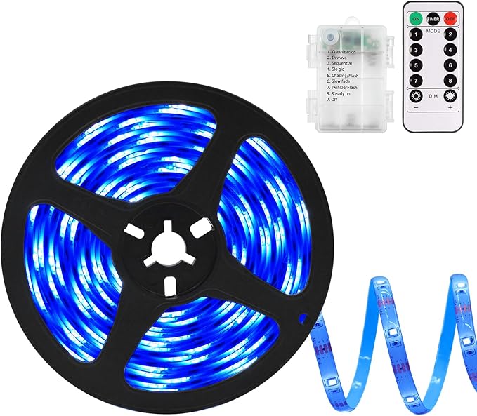 echosari Blue Led Strip Lights Waterproof Battery Operated with Remote, 8 Modes, Dimmable, Timer, Self-Adhesive, Cuttable, 3M 90Led Battery Strip Led Light for Indoor Outdoor Decor