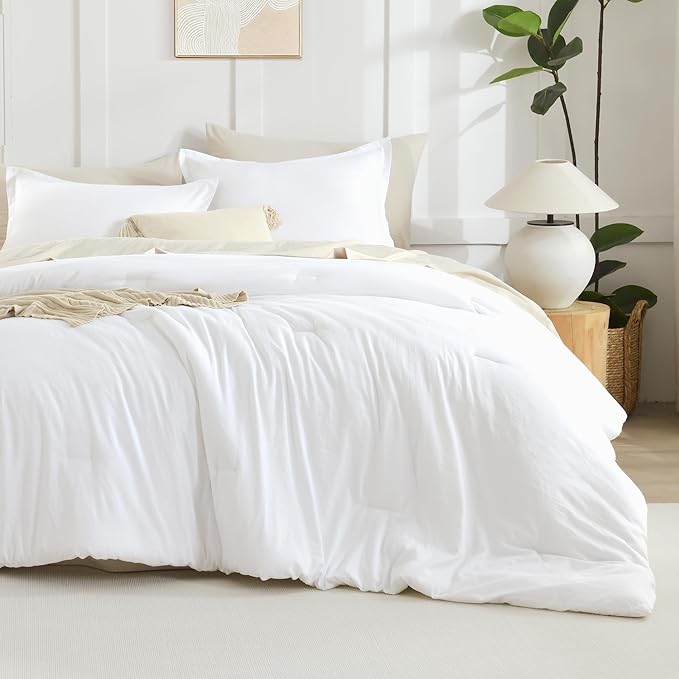 Litanika White Comforters Oversized Queen Size, 3 Pieces Lightweight Solid Bedding Comforter Set, All Season Fluffy Bed Set (98x98In Comforter & 2 Pillowcases)