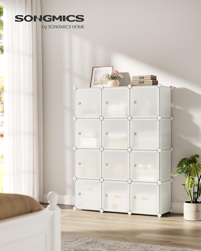 SONGMICS Cube Storage Organizer, Set of 12 Plastic Cubes, Closet Storage Shelves, DIY Plastic Closet Cabinet, Modular Bookcase, Shelving with Doors for Bedroom, Living Room, Cream White ULPC342W02