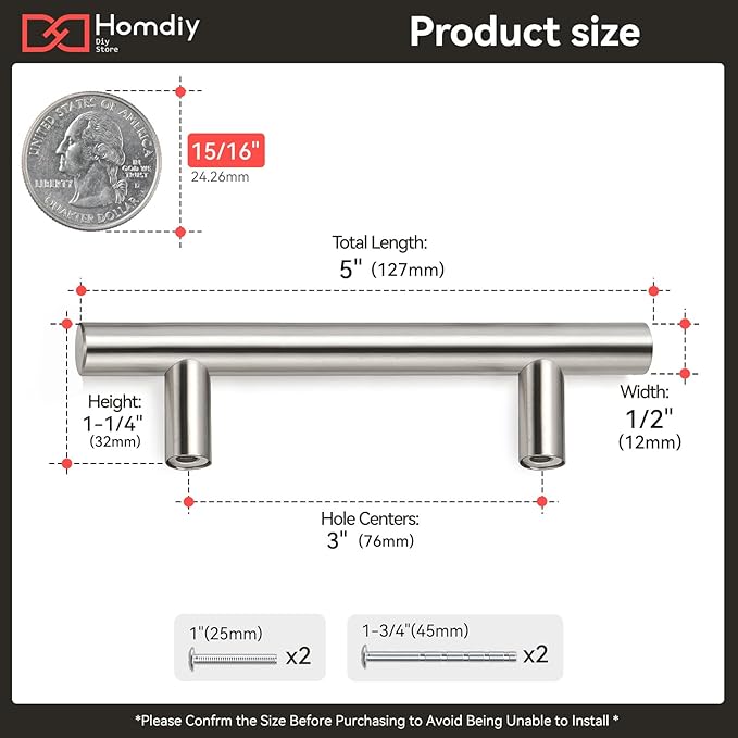 homdiy 200 Pack 3in Cabinet Pulls Brushed Nickel Cabinet Handles Stainless Steel Kitchen Cupboard Handles Cabinet Handles 5" Length, 3" Hole Center
