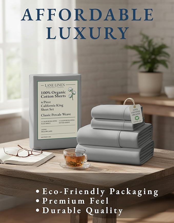LANE LINEN 100% Organic Cotton California King Sheets Set, Fully Elasticized Reinforsed Seams in Fitted Pocket, Machine Washable Naturally Cooling All Season Cal King Sheet- Silver