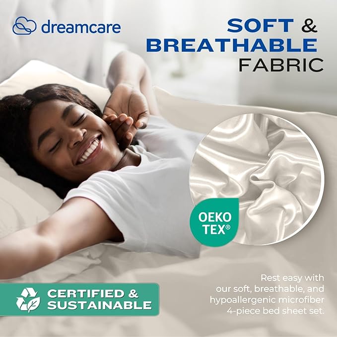 DREAMCARE King Size Sheets Set – 4 pcs Cooling Sheets – up to 21” Deep Pocket King Sheet Set – Hotel Luxury Sheets & Pillowcases – Superior Softness 100% Fine Microfiber with Side Pocket – Ivory