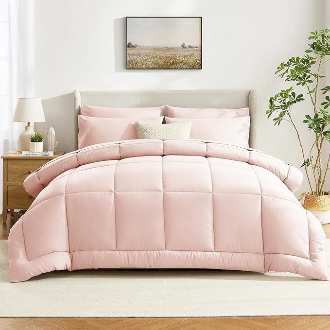 CozyLux Queen Comforter Set Blush Pink, 7 Pieces Bed in a Bag, Pink Comforter Queen Size, All Season Bedding Sets with Stitch Quilted Comforter, Flat Sheet, Fitted Sheet, Pillowcases