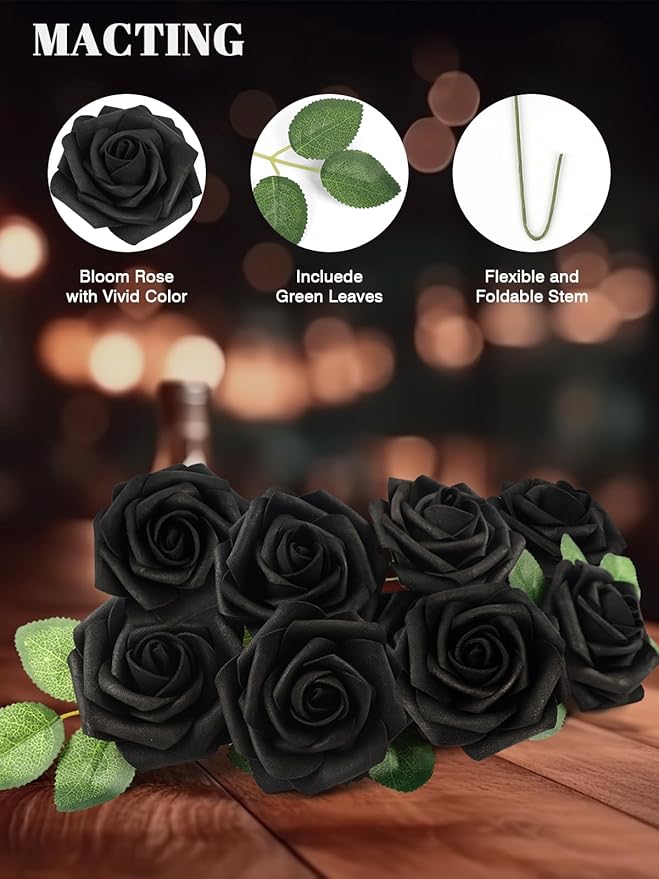 MACTING 60PCS Black Artificial Flowers Real Touch Fake Flowers with Stem Foam Roses for DIY Wedding Bouquets Table Centerpieces Bridal Shower Party Holiday Home Halloween Decorations