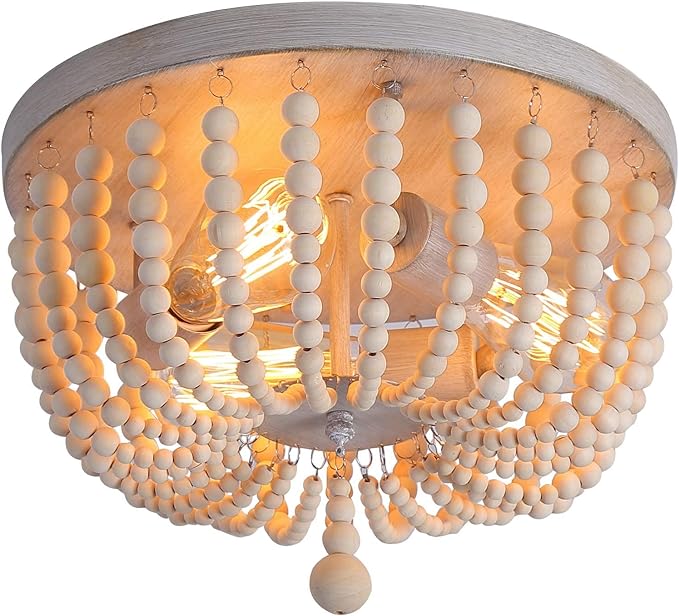 Q&S Wood Beaded Chandelier,Boho Farmhouse Light Fixture,Oak White,3 Lights,Semi Flush Mount Ceiling Light Fixtures for Hallway Baby's Nursery Bedroom Kitchen Living Room