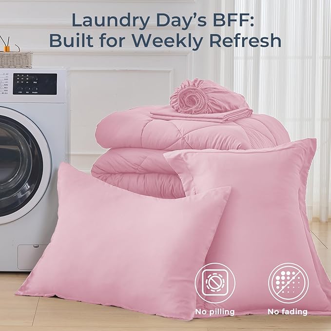 HEVUMYI Pink Twin Comforter Set - 5-Piece All Season Bed in a Bag Twin, Ultra Soft Bedding Set with Comforter, Flat Sheet, Fitted Sheet, Pillowcases, Pillow Shams, Pink