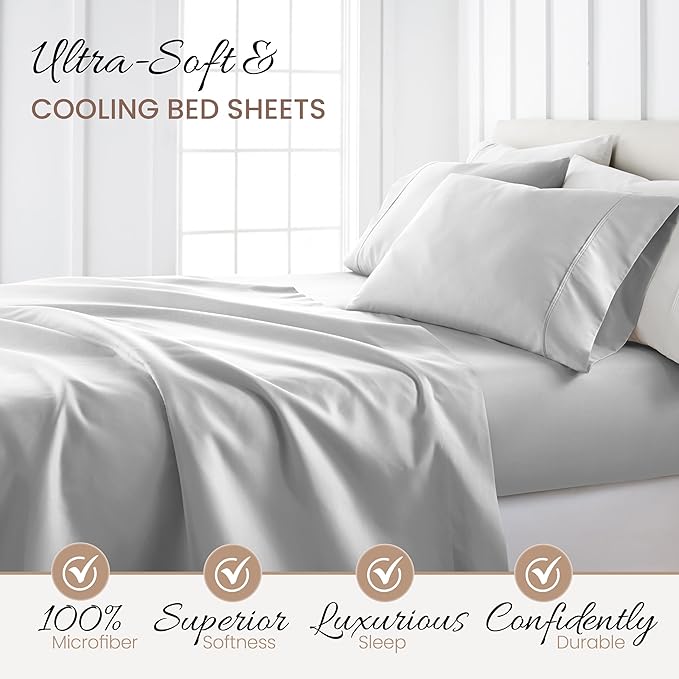 Linen Market Double-Brushed Microfiber California King Sheet Set 4 Piece – Oeko-TEX Certified Ultra Soft & Wrinkle-Free - 16" Deep Pocket Sheets Easy Care Cal-King Size - Light Gray