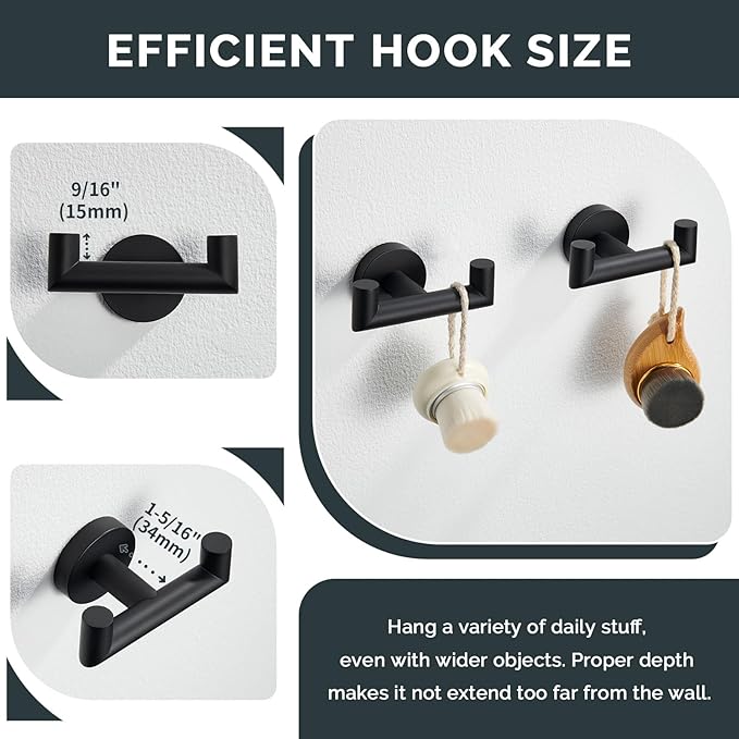 Angle Simple Double Towel Hook Matte Black 2 PCS, Stainless Steel Bathroom Robe Hook, Hand Towel Holder for Wall