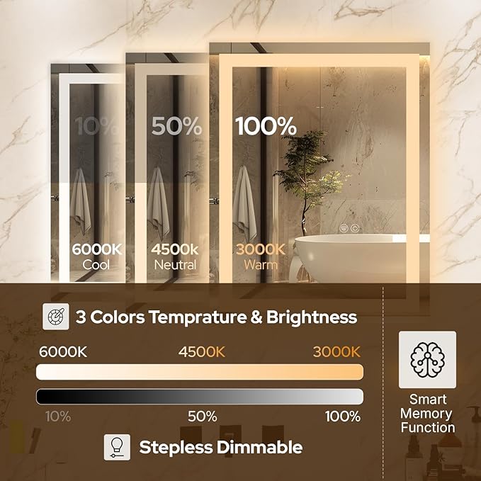 24 x 36 LED Vanity Mirror for Bathroom, Frontlit & Backlit LED Mirror for Bathroom with 3 Colour Lights, Wall Vanity Mirror with Anti-Fog, Shatterproof & Memory Function, Perfect for Modern Bathrooms