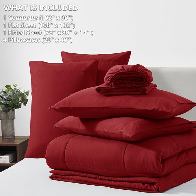 CozyLux King Size Comforter Set Dark Red, 7 Pieces Bed in a Bag, Red Comforter King Size, All Season Bedding Sets with Stitch Quilted Comforter, Flat Sheet, Fitted Sheet, Pillowcases