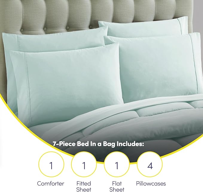 King Size Comforter Set with Sheets - 7-Piece Bedding Collection - 1 Comforter, 1 Fitted Sheet, 1 Flat, 4 Pillowcases - Deep Pocket - Soft & Breathable Premium Quality - Ideal for All Seasons, Aqua
