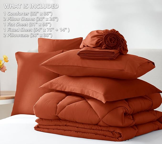 CozyLux Full Size Comforter Sets Burnt Orange - 7 Pieces Bed in a Bag Full, Luxury Soft Bed Set for All Seasons, Bedding Set with Down Alternative Comforter, Sheets, Pillowcases & Shams, Terracotta