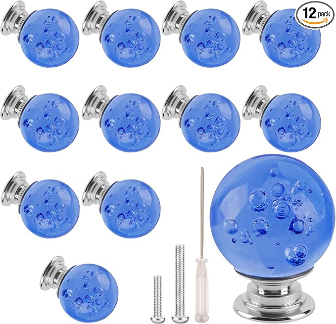 12 Pcs 30mm Round Shape Bubble Crystal Glass Cabinet Knobs with Screws Drawer Knob Pull Handle Used for Kitchen, Dresser, Door, Cupboard (Light Blue)