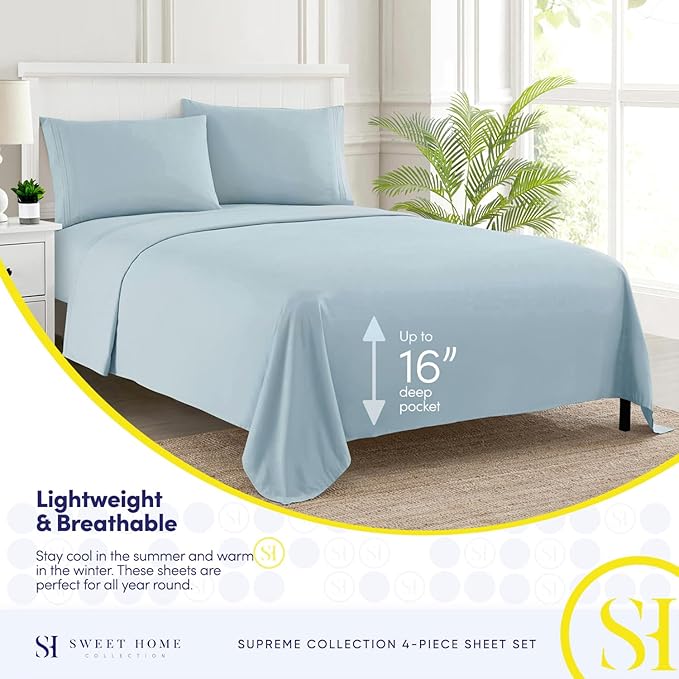 Queen Size Bed Sheets - Breathable Luxury Sheets with Full Elastic & Secure Corner Straps Built In - 1800 Supreme Collection Extra Soft Deep Pocket Bedding Set, Sheet Set, Queen, Light Blue