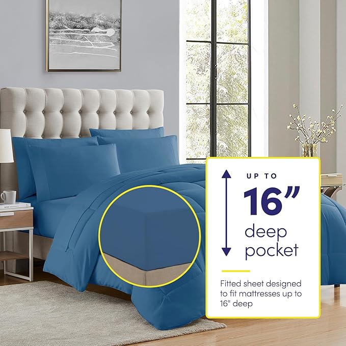 Sweet Home Collection 5 Piece Comforter Set Bag Solid Color All Season Soft Down Alternative Blanket & Luxurious Microfiber Bed Sheets, Denim, Twin (Pack of 4)