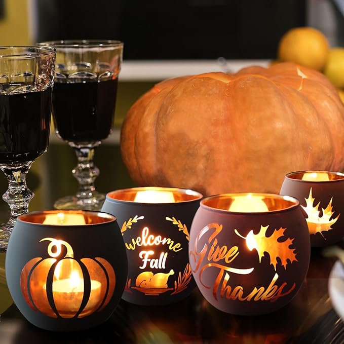 SHMILMH Thanksgiving Votive Candle Holder Set of 12, Glass Tealight Votives Holder with 6 Laser Engraving Patterns, Fall Table Centerpiece Indoor Outdoor Decor