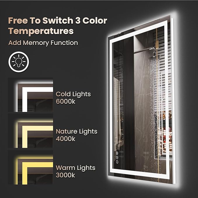 48"X32" LED Bathroom Mirror with Front Lights and Backlit, Anti-Fog, Dimmable, Shatter-Proof Tempered Glass, Lighted Bathroom Vanity Mirror for Wall with 3 Colors, Memory Function