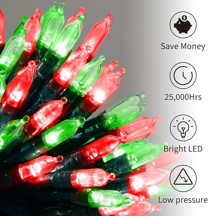 Battery Operated Christmas Lights 2 Pack 18 Feet 50 LED Clear Mini String Lights with 8 Modes Waterproof Tree Lights for Xmas Outdoor Indoor Holiday Party Garden Decor, Red & Green
