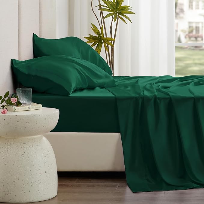Love's cabin Full Size Satin Sheet Set - 4 Piece Dark Green Silky Satin Sheet Set with Deep Pocket, Luxury Silk Feel Satin Bed Sheets Full Bedding Set (1 Flat Sheet,1 Fitted Sheet,2 Pillow Cases)