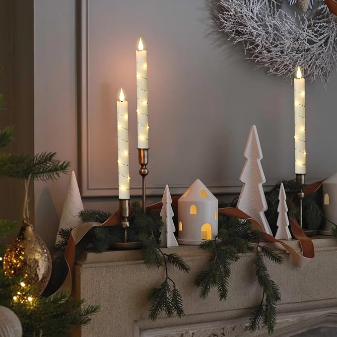 GenSwin Flameless Taper Candles with Remote and String Lights, Ivory Real Wax Taper Candles Battery Operated, LED Flameless Battery Candlesticks for Home Holiday Decor(Set of 6)