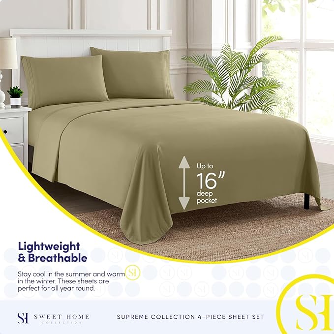 RV Queen Bed Sheets - Breathable Luxury Sheets with Full Elastic & Secure Corner Straps Built In - 1800 Supreme Collection Extra Soft Deep Pocket Bedding Set, Sheet Set, RV Short Queen, Sage