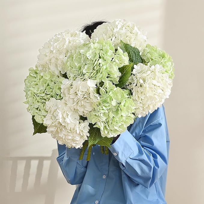 MARTINE MALL 4Pcs 21in Hydrangea Artificial Flowers, Latex Real Touch Hydrangeas Lifelike Large Hydrangea Flowers for Home Decor Party Arrangements Wedding Bouquets Centerpieces (2White&2Light Green)