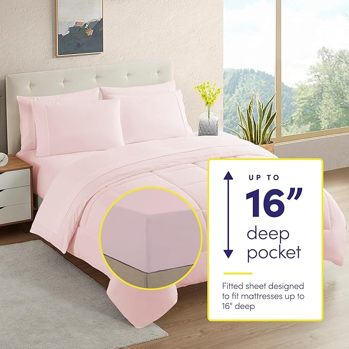 King Size Comforter Set with Sheets - 7-Piece Bedding Collection - 1 Comforter, 1 Fitted Sheet, 1 Flat, 4 Pillowcases - Deep Pocket - Soft & Premium Quality - Ideal for All Seasons, Pale Pink