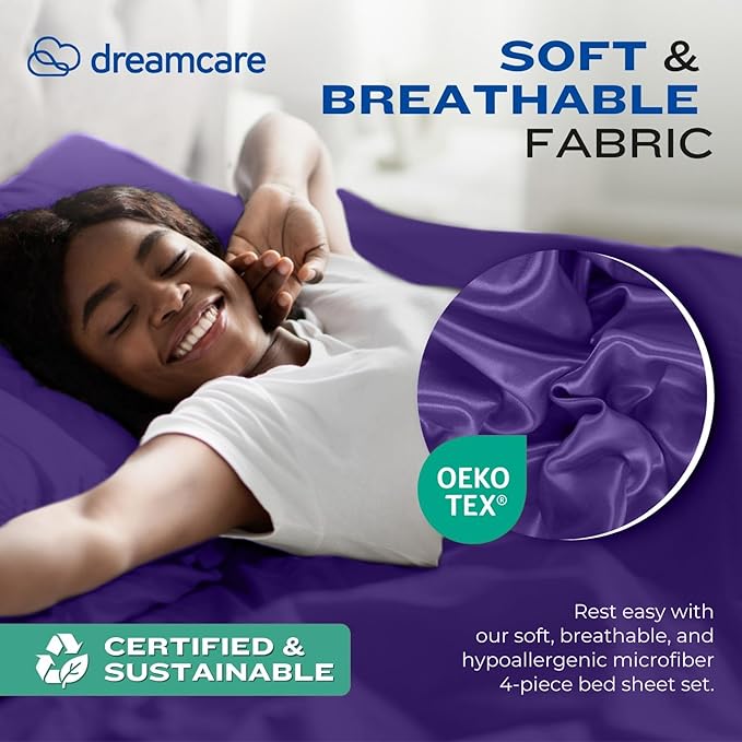 DREAMCARE Twin XL Sheet Sets - 4pc Cooling Sheets XL Twin Sheets - up to 21” Deep Pocket – Hotel Luxury Extra Long Twin XL Bed Sheets 100% Brushed Microfiber with Side Pocket - Purple
