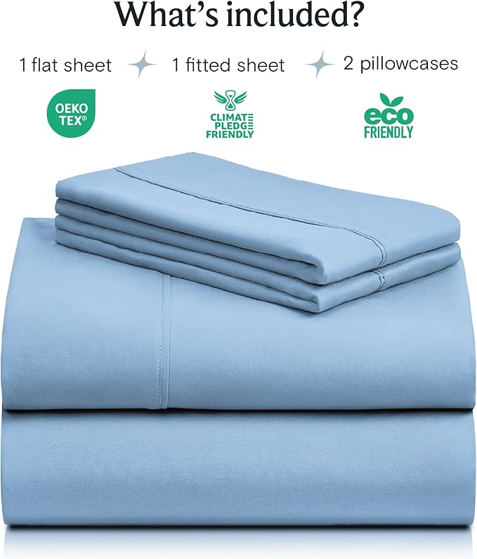 LuxClub 4 PC Queen Sheet Set, Deep Pockets Wrinkle Free Cooling Bed Sheets Hotel Bedding for Women, Men, Kids & Teens, Includes 1 Fitted Sheet, 1 Flat Sheet and 2 Pillowcases - Silky Soft Sky